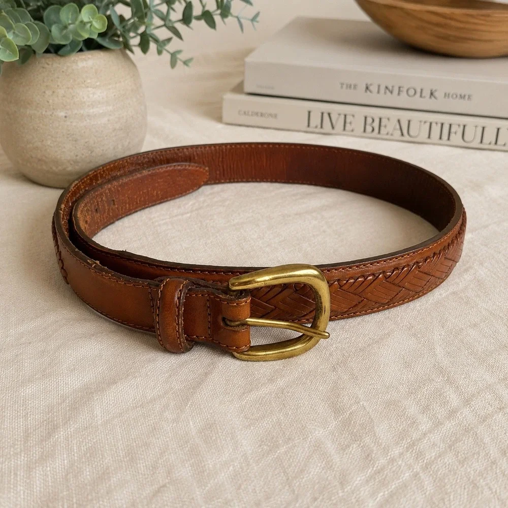 Brighton Vintage Brown Embossed Woven Leather Belt Brass Buckle 36.5
